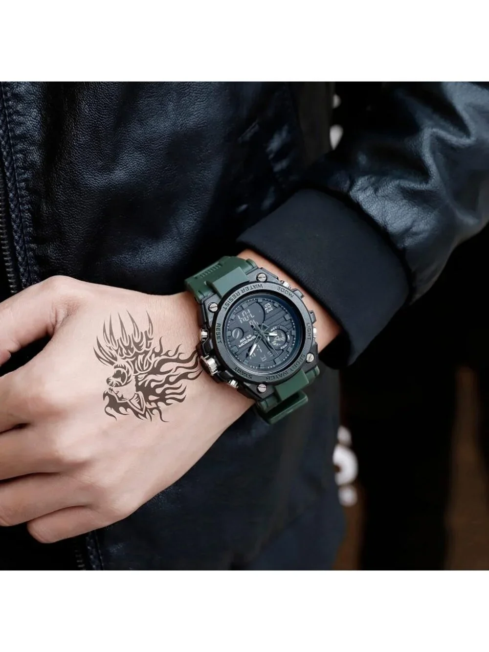 Mens Army Green Black Analog Quartz Sports Waterproof Military LED Digital Watch
